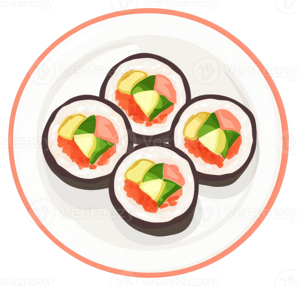Four colorful sushi rolls on a white plate. png