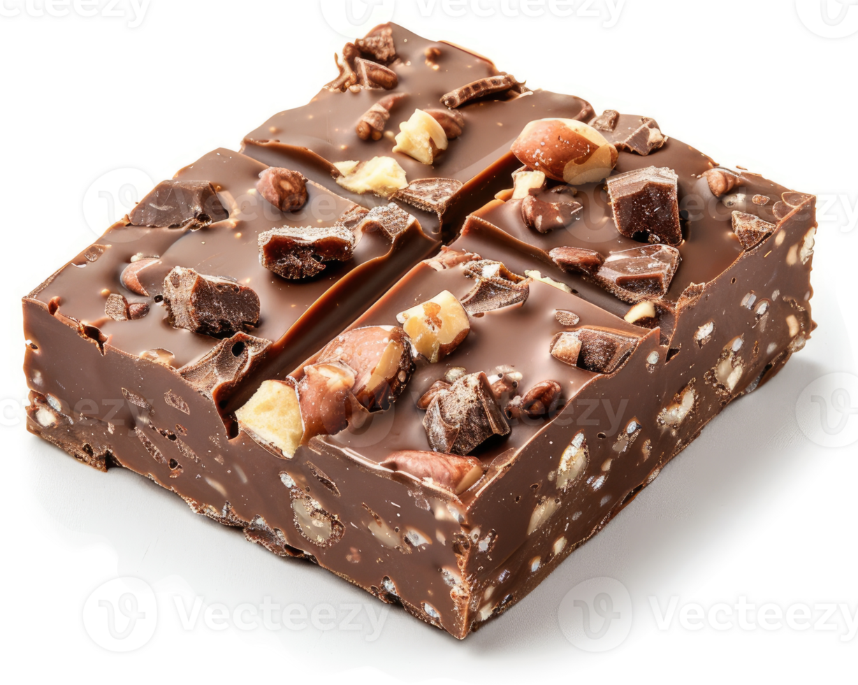 A decadent square of dark chocolate, studded with nuts and chunks of chocolate. png