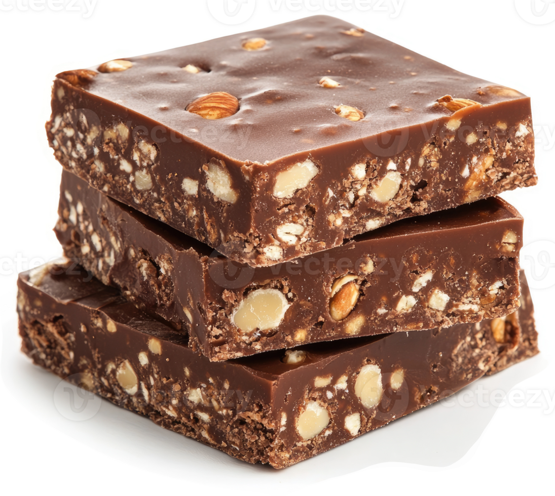 Stack of rich, dark chocolate bars with nuts. png