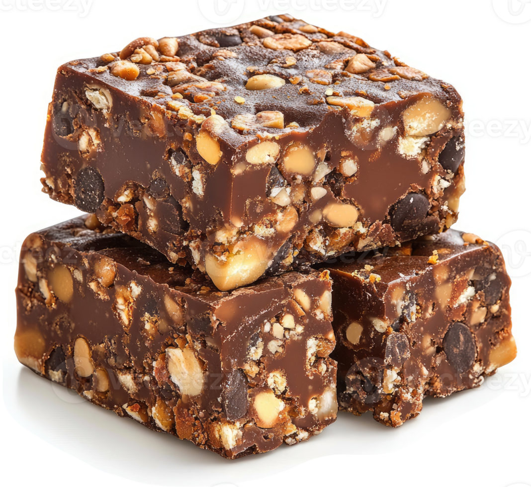 Stack of rich, dark chocolate bars with nuts and chunks. png