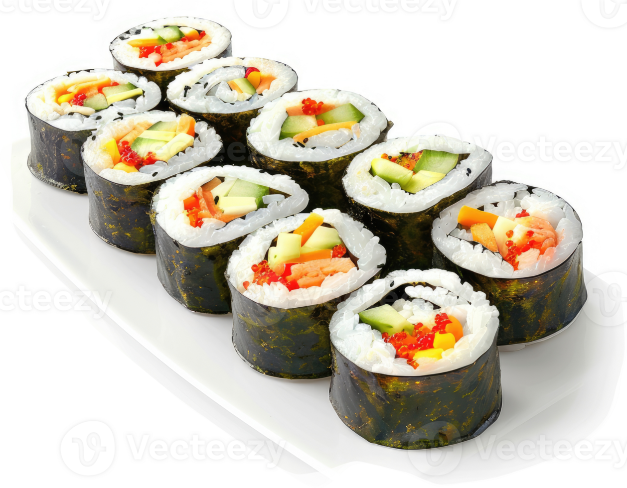 A platter of colorful, assorted sushi rolls. png
