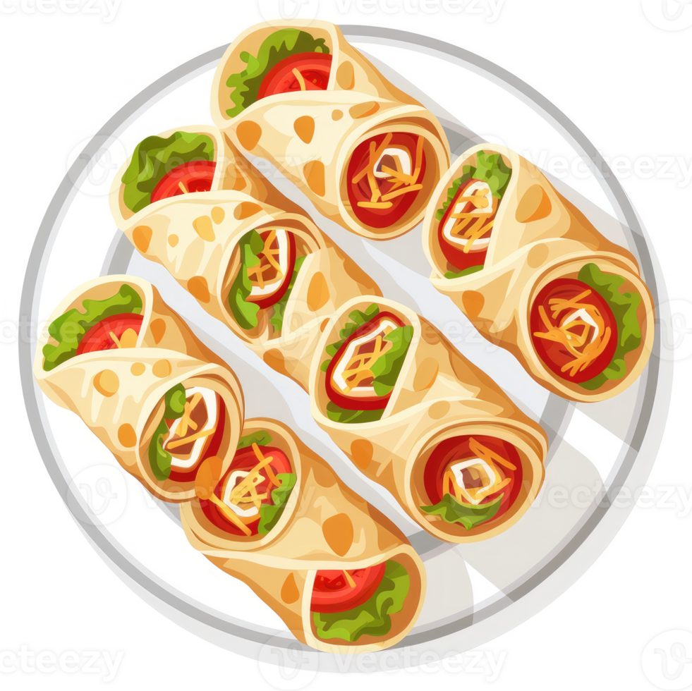 A plate of delicious, rolled-up wraps filled with savory ingredients. png