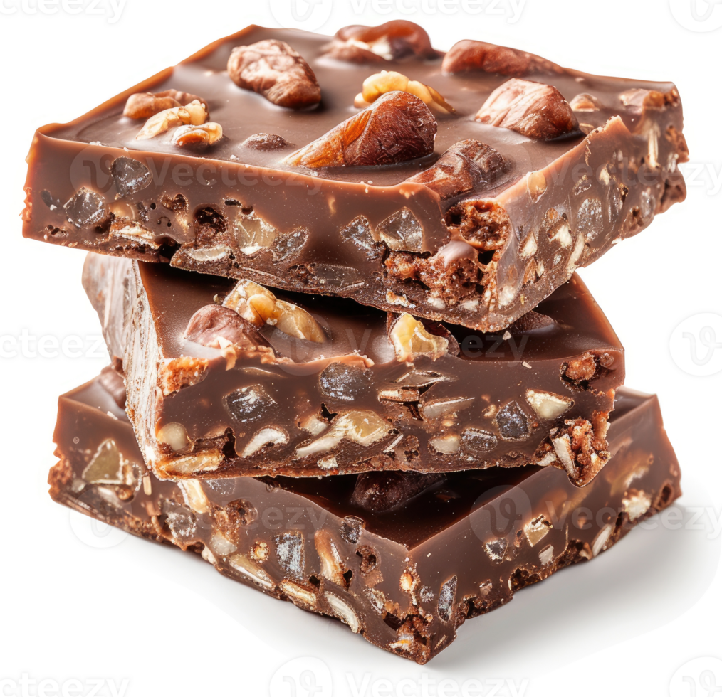 A stack of rich, dark chocolate bars with nuts and crunchy pieces. png