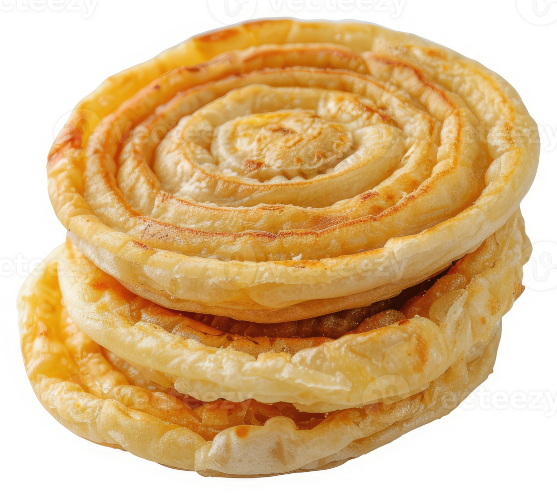 A stack of golden brown, spiral-shaped flatbreads. png