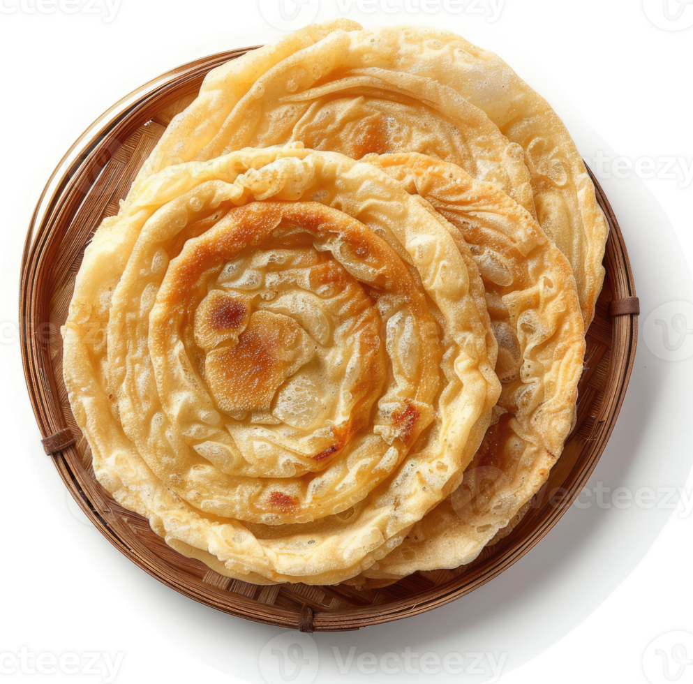 Golden, layered flatbreads in a woven basket. png