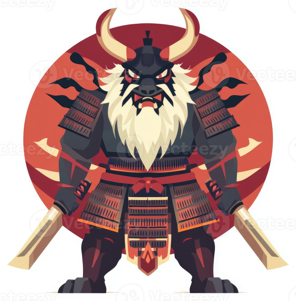 A fierce, horned samurai warrior with a long, white beard. png