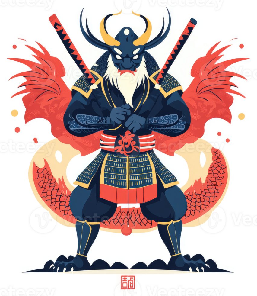 A fearsome dragon samurai with swords and fiery dragon wings. png