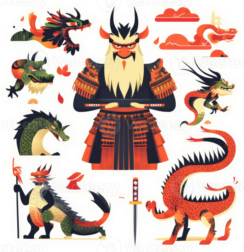 A collection of mythical creatures in a japanese-inspired style. png