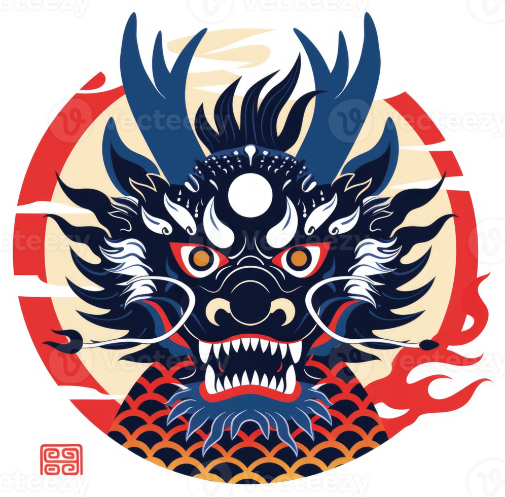 A stylized illustration of a powerful dragon head. png