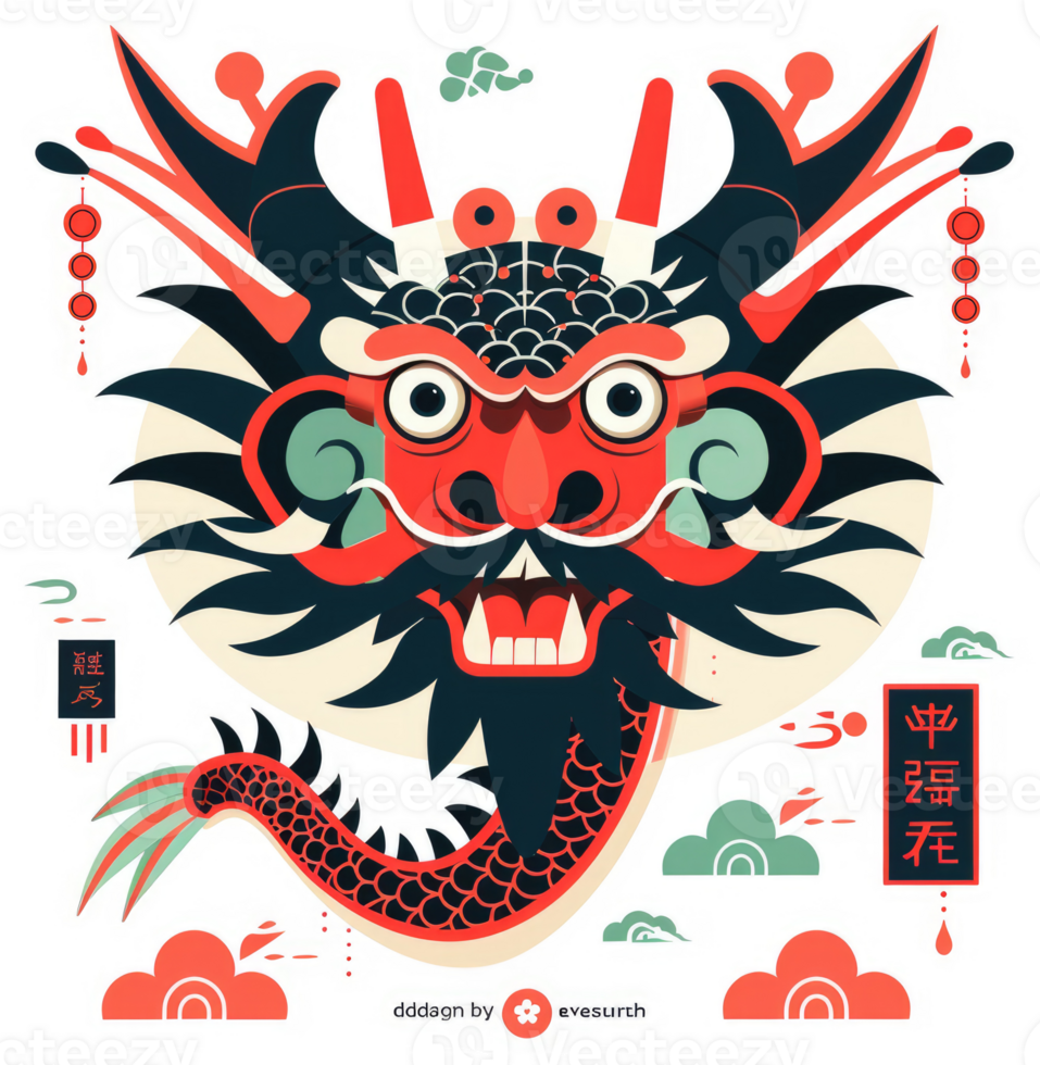 A vibrant illustration of a stylized chinese dragon head and body. png