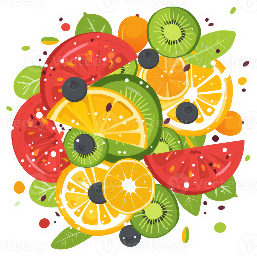 A vibrant display of sliced fruits in a colorful composition. png