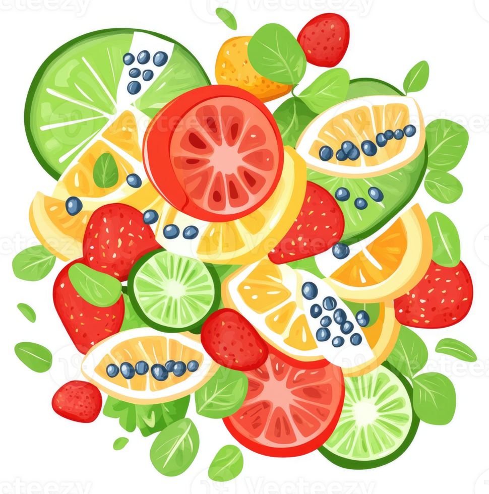 A vibrant display of sliced fruits and vegetables. png