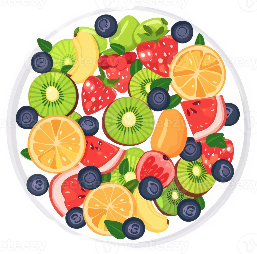 A colorful fruit salad plate overflowing with sliced kiwi, strawberries, blueberries, oranges, watermelon, and other fruits. png
