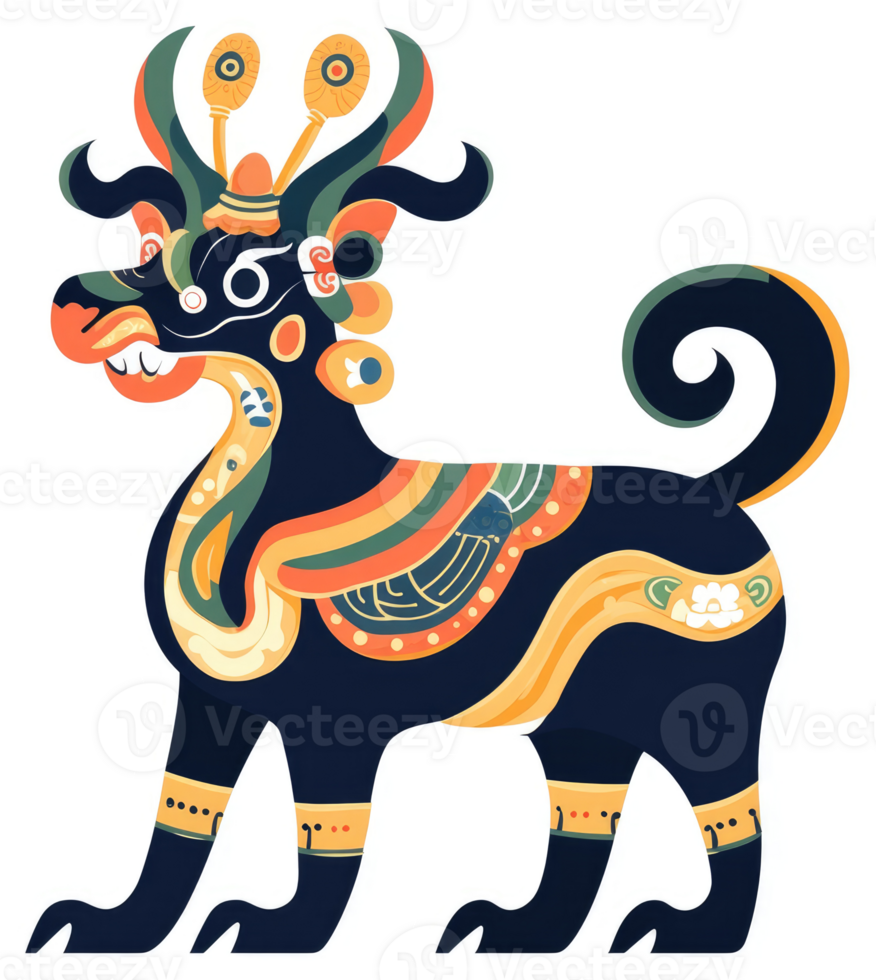 Ornate mythical creature, possibly a guardian lion, from an ancient Asian culture. png