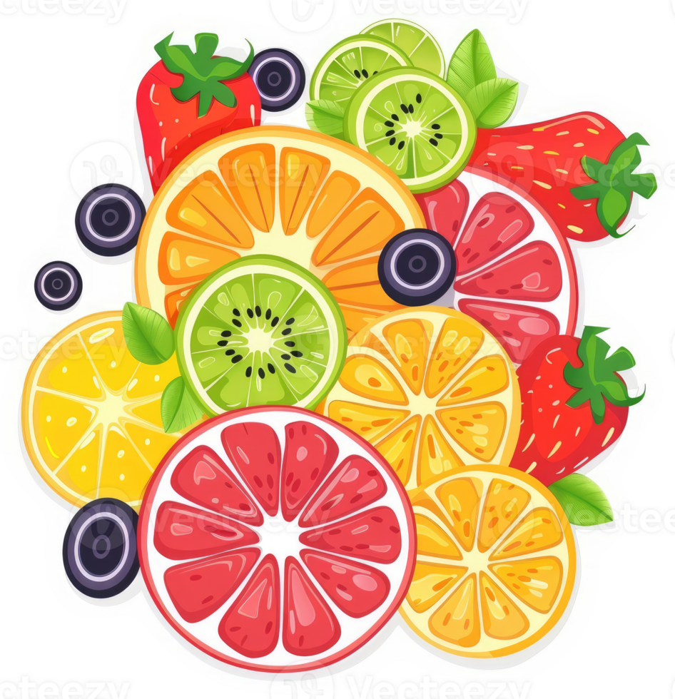 A vibrant array of sliced fruits, showcasing a colorful and healthy mix. png