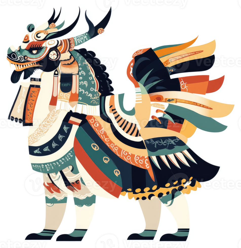 A vibrant, stylized illustration of a mythical creature, adorned with intricate patterns and colorful garments. png