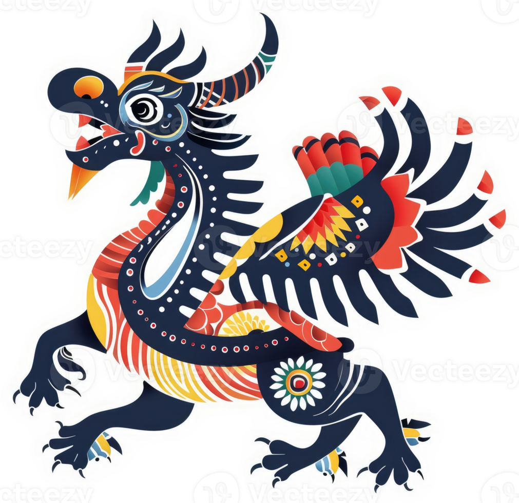 A vibrantly colored, decorative, mythical dragon, adorned with intricate patterns. png
