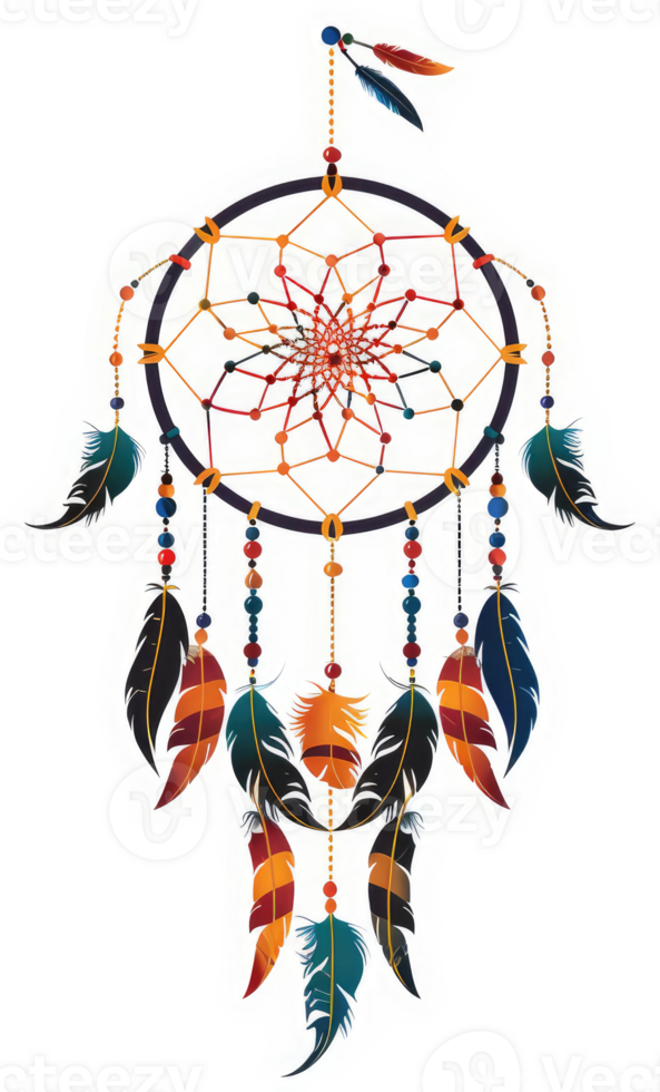 A vibrant dreamcatcher with colorful feathers and beads. png