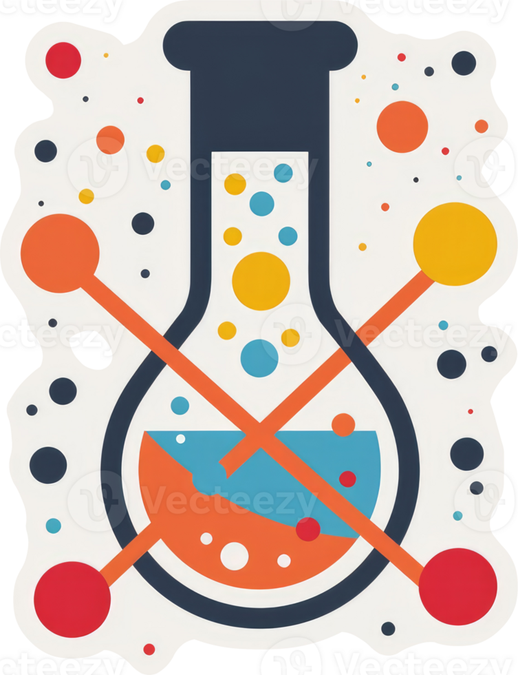 A colorful, abstract illustration of a flask with interconnected elements. png