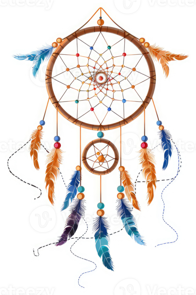 A vibrant dream catcher with colorful feathers and beads. png
