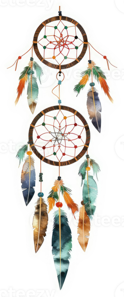 A double dream catcher adorned with colorful feathers and beads. png