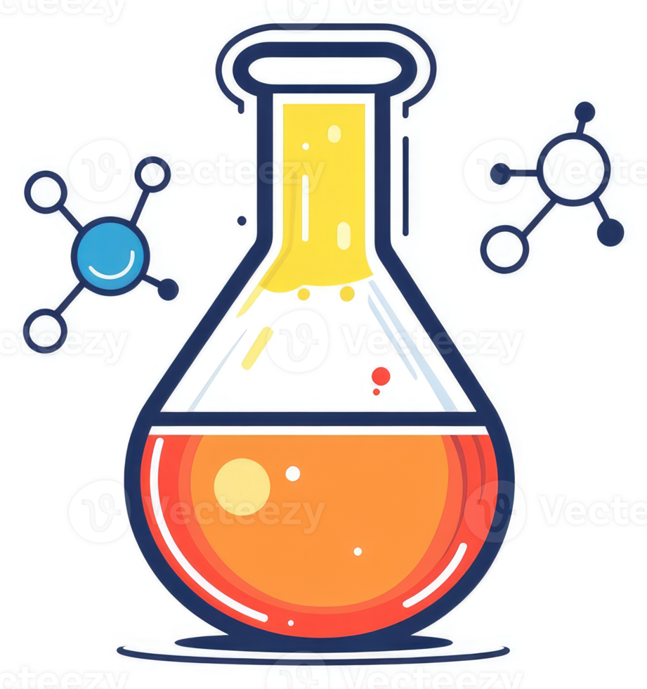 Colorful illustration of a chemistry flask with molecules. png