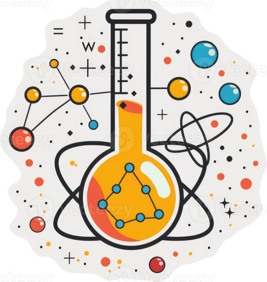 A colorful illustration of a laboratory flask with scientific elements. png