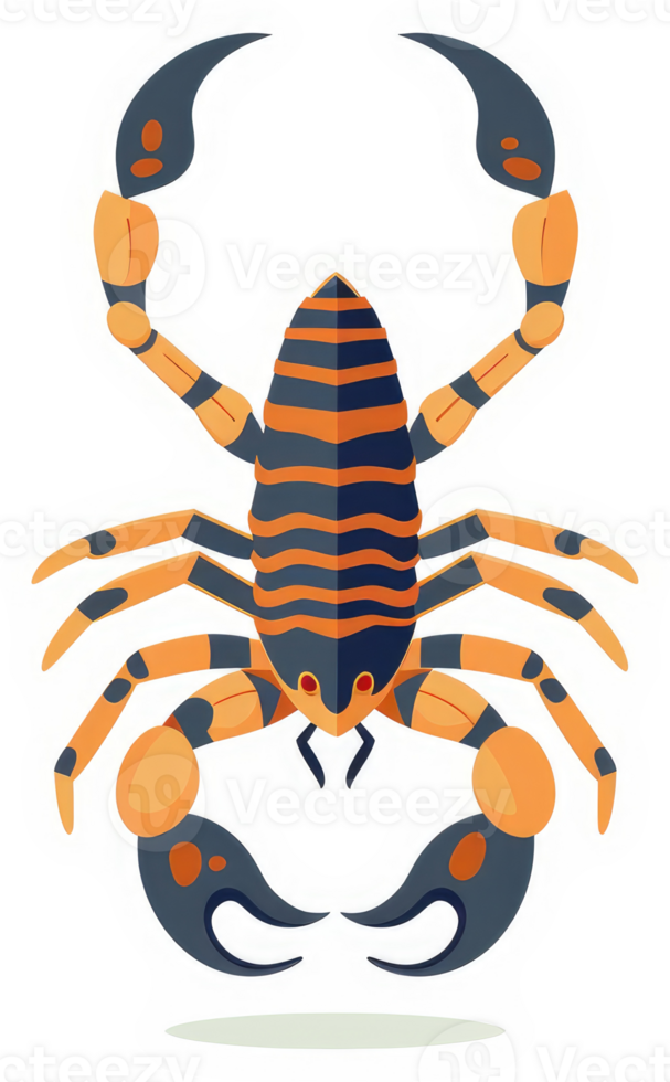 A stylized illustration of a scorpion with orange and dark blue stripes. png