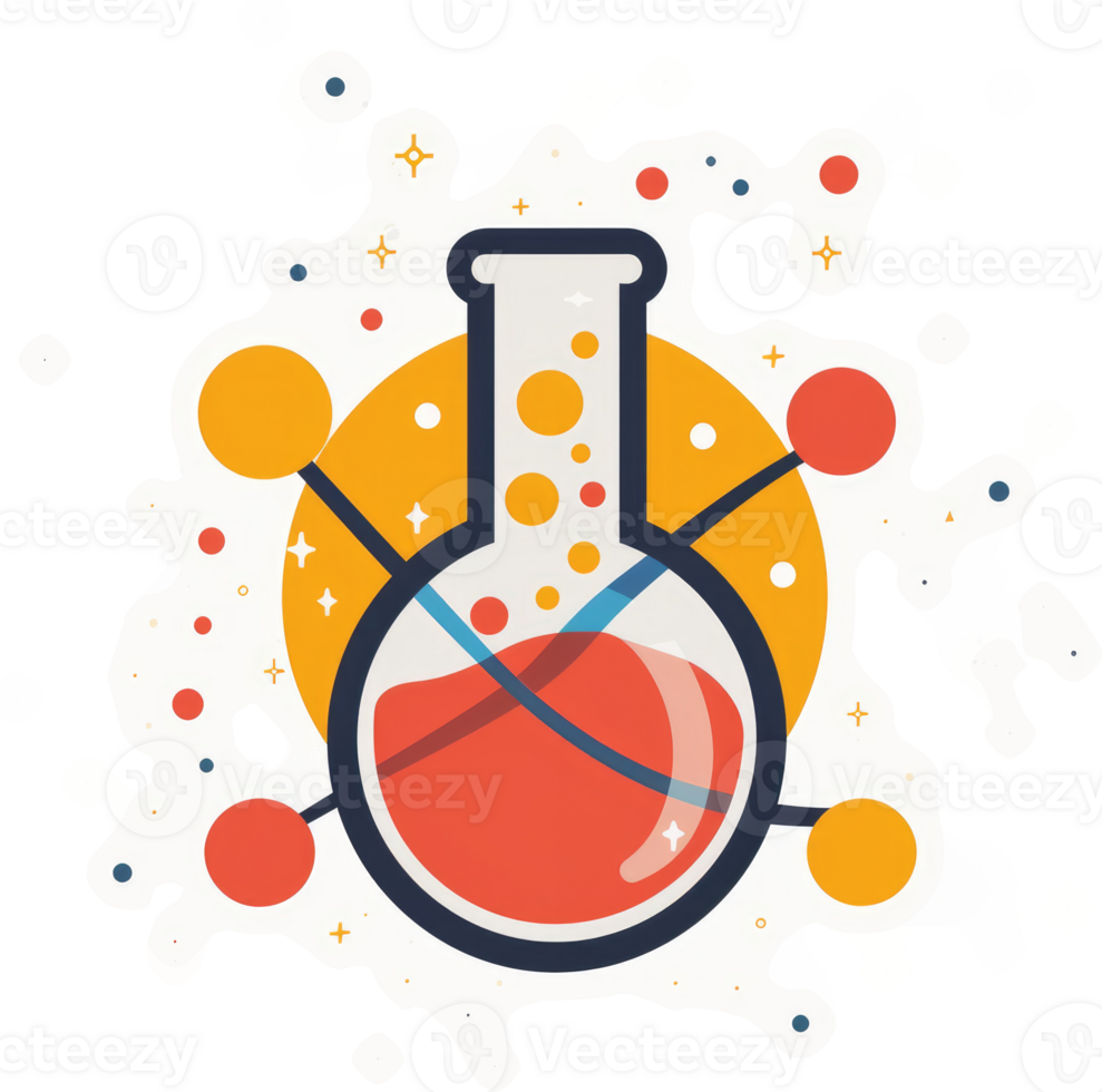A colorful illustration of a flask, representing scientific discovery. png