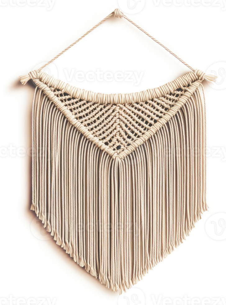 A cream-colored macrame wall hanging with a diamond pattern and fringe. png