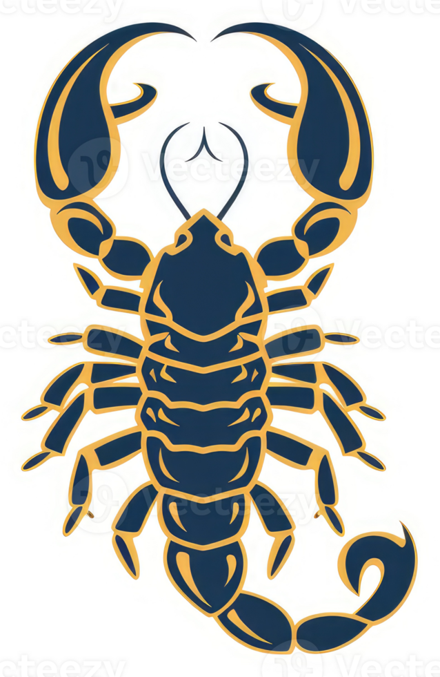 A stylized illustration of a scorpion in navy blue and gold. png