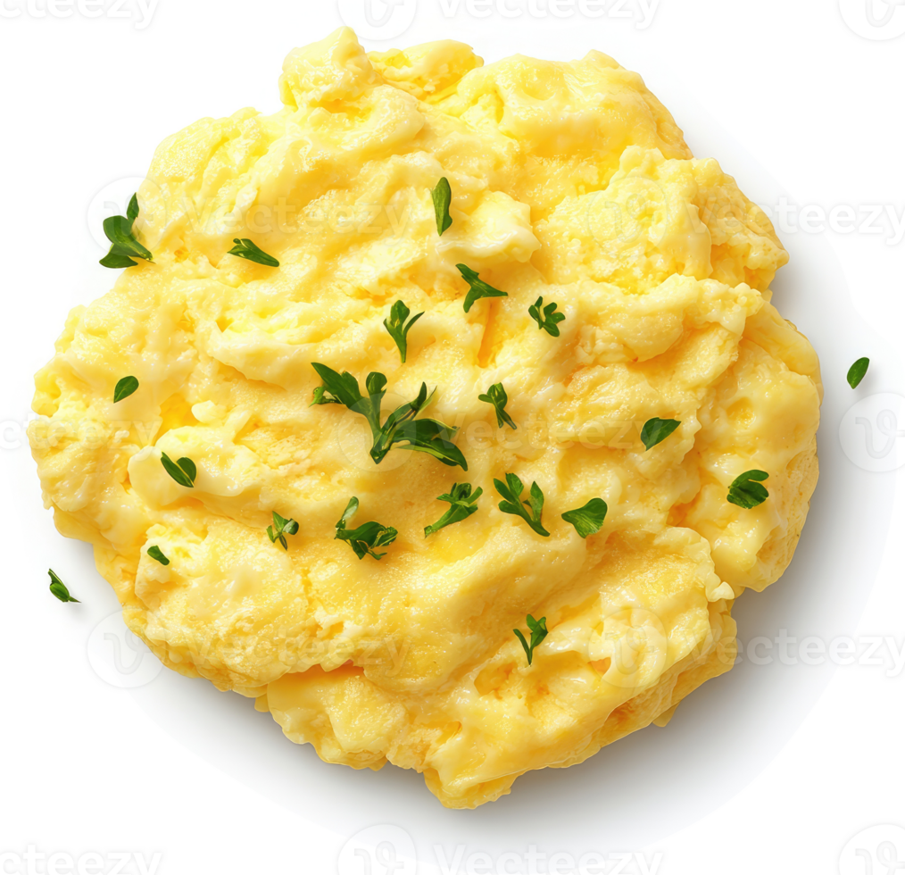 Fluffy scrambled eggs garnished with fresh herbs. png