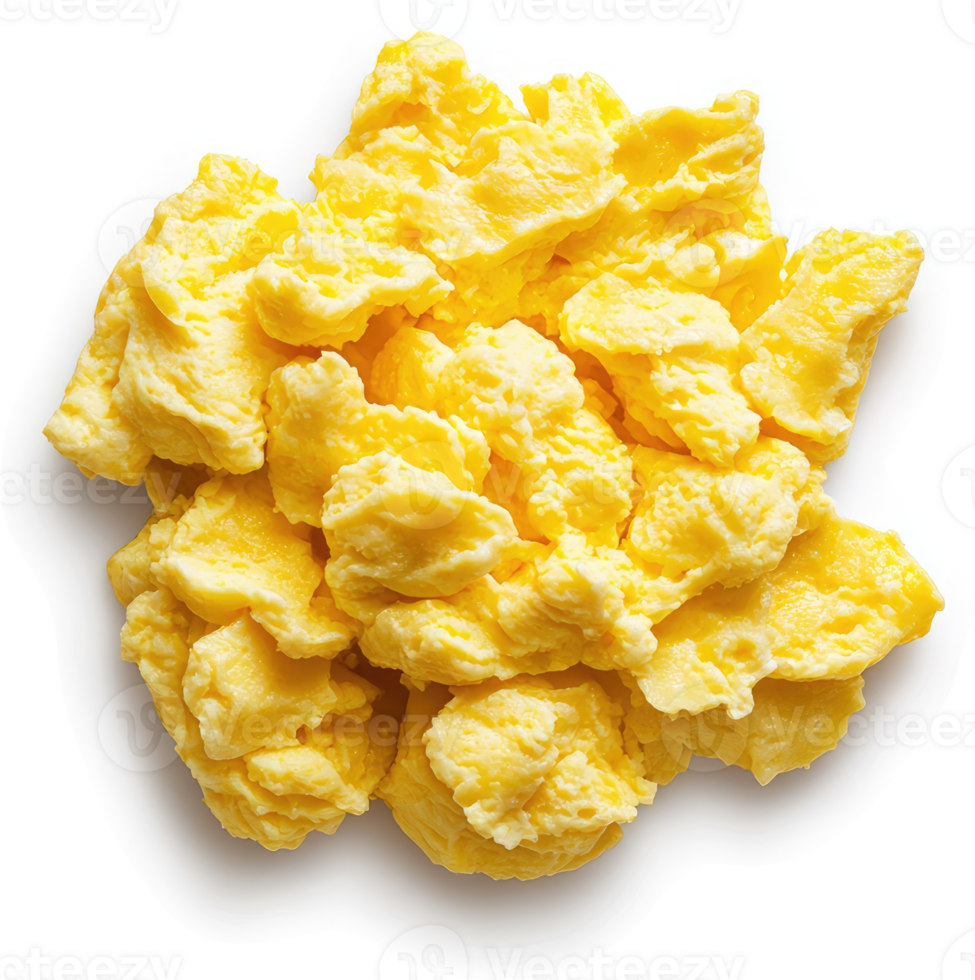 A close-up view of scrambled eggs, cooked to perfection. png