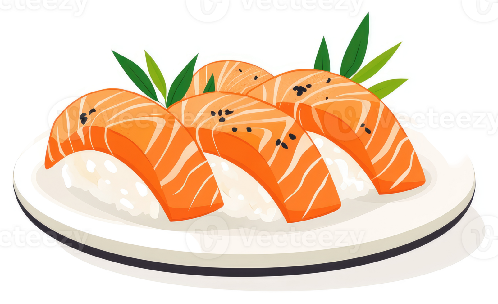 A plate of salmon nigiri sushi with garnishes. png
