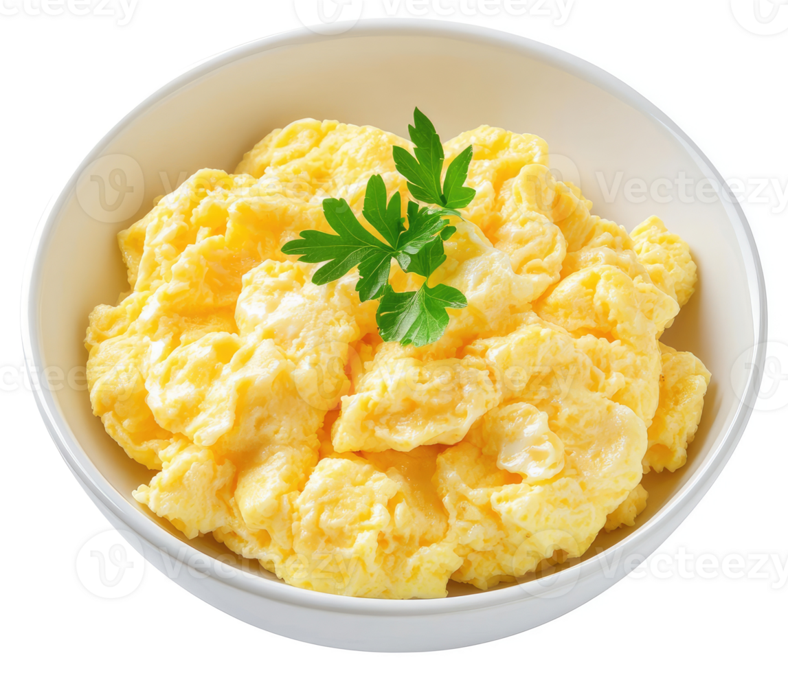 Scrumptious scrambled eggs in a white bowl. png