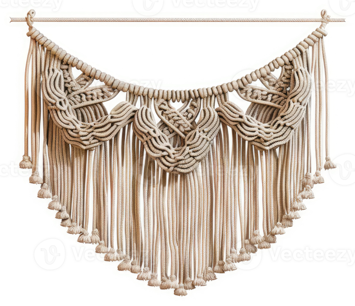 A beige macrame wall hanging with intricate patterns and fringe. png