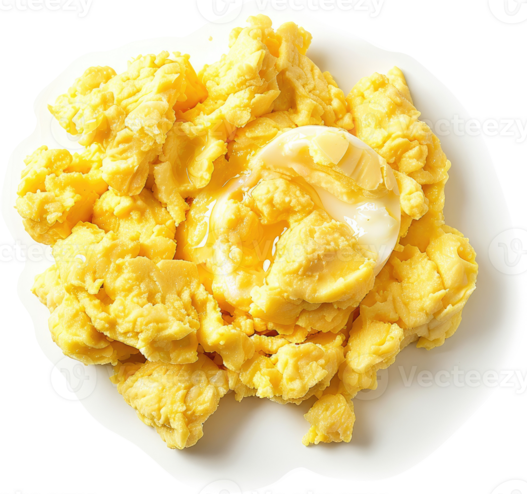Scrambled eggs with a sunny-side-up yolk on a plate. png
