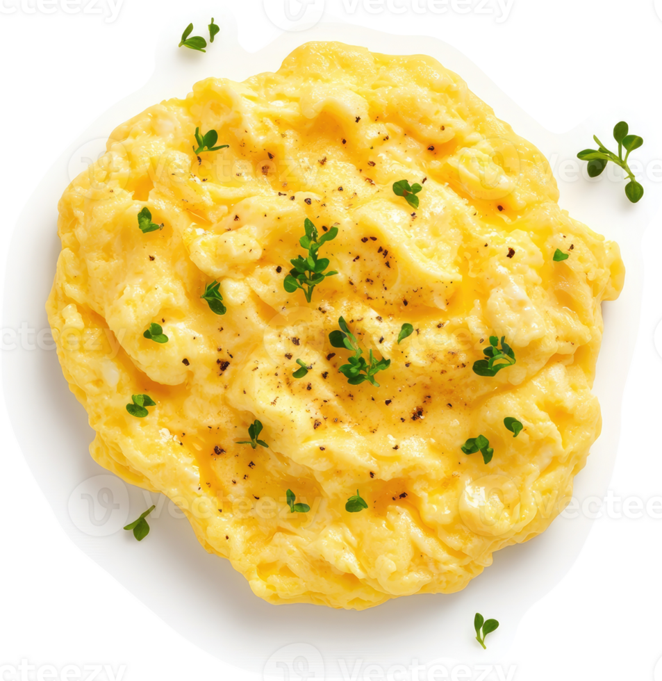Scrumptious scrambled eggs topped with fresh herbs and spices. png