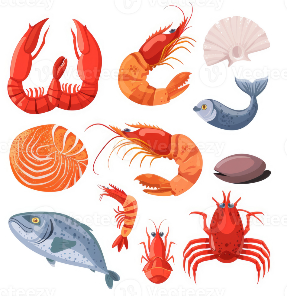 Colorful illustration of various seafood types. png