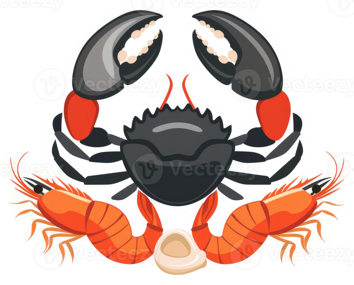 Colorful illustration of a crab and two shrimp. png