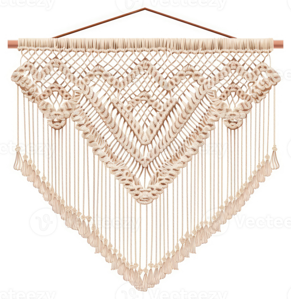 A beautiful macrame wall hanging with a geometric diamond pattern and tassels. png