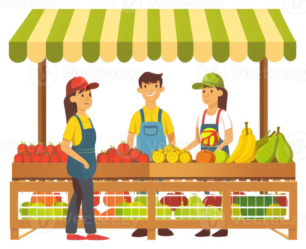 A vibrant farmers market stall with friendly vendors and fresh produce. png