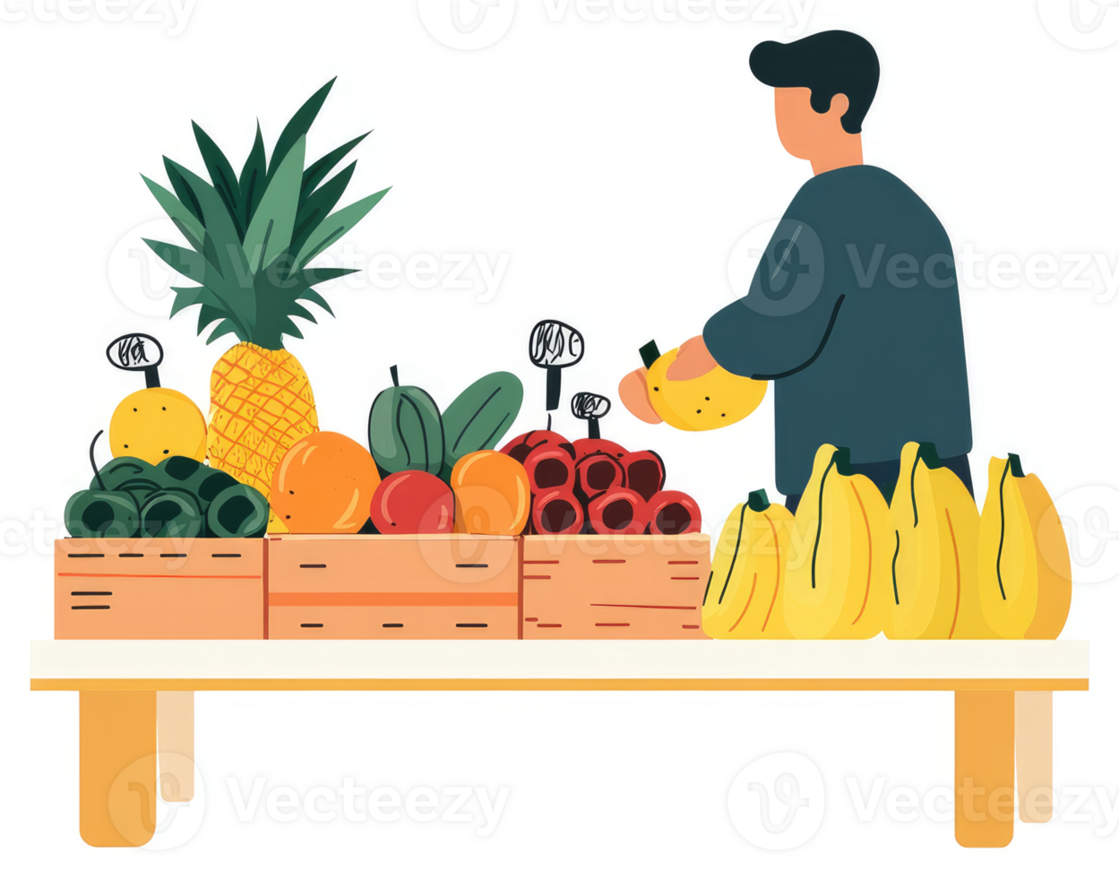 A person selecting bananas from a fruit stand overflowing with colorful produce. png
