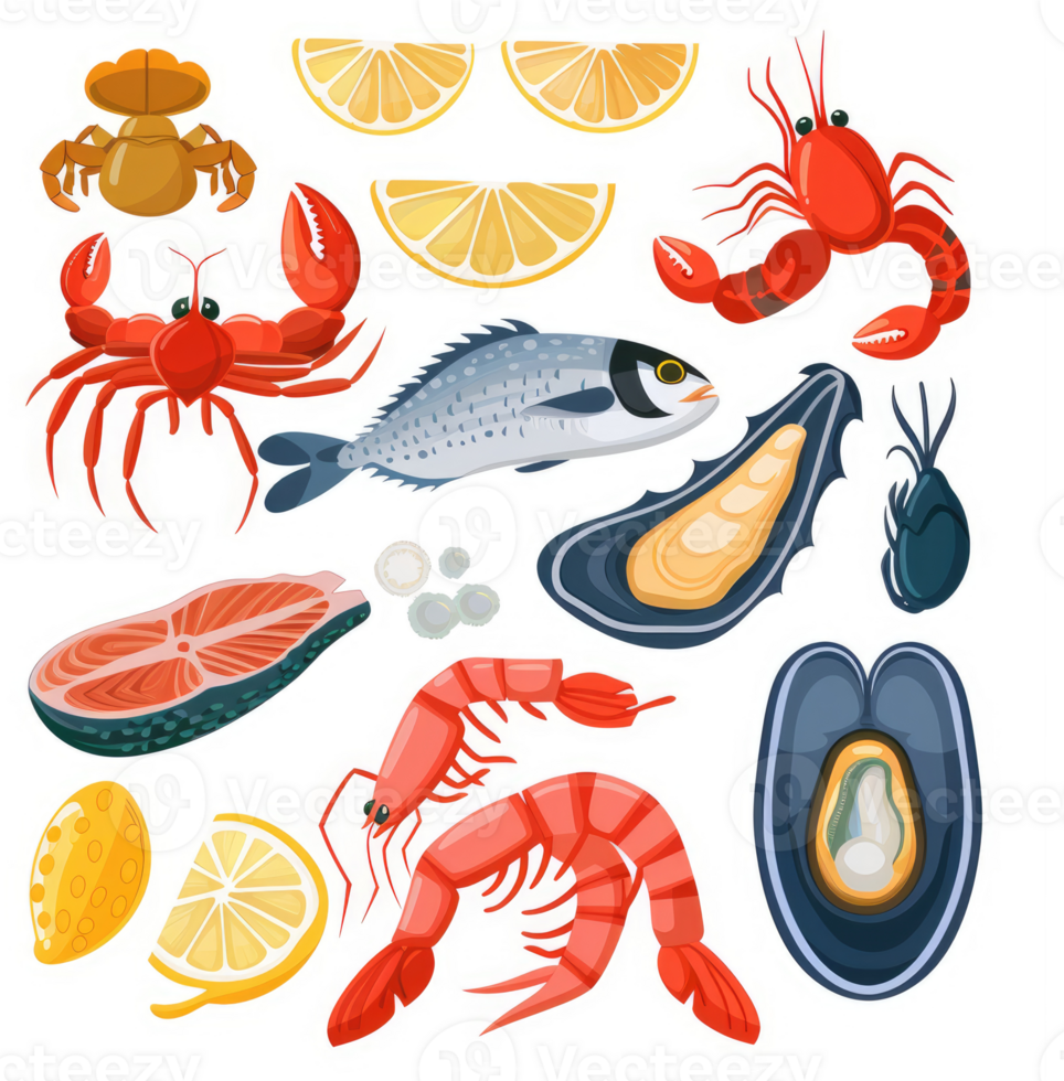 A colorful collection of various seafood items. png