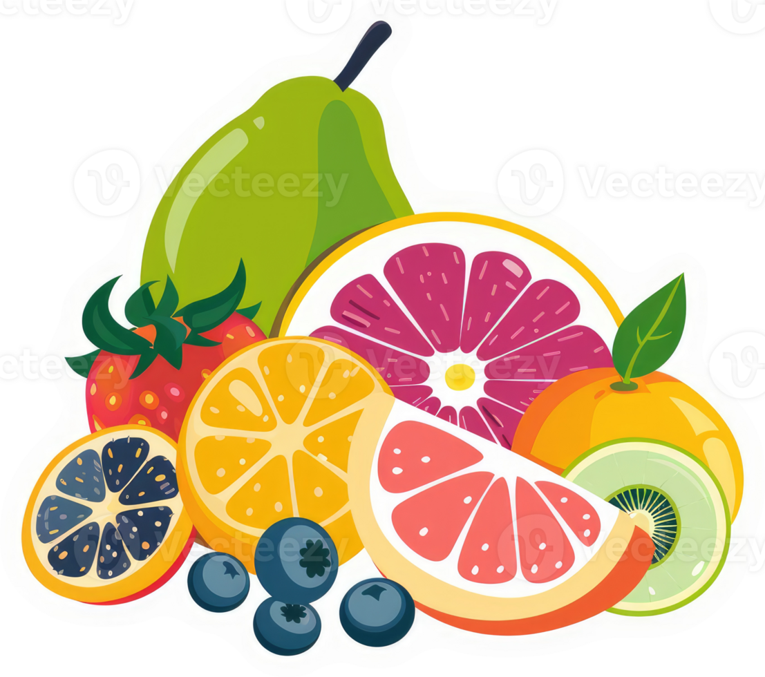 A colorful array of fresh fruits, including berries, citrus, and a pear. png