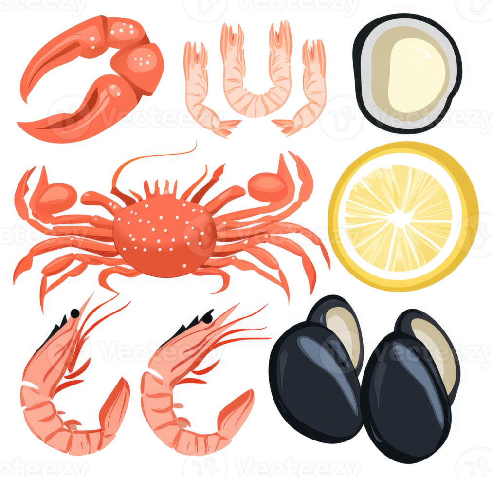 Colorful illustration of various seafood and shellfish. png