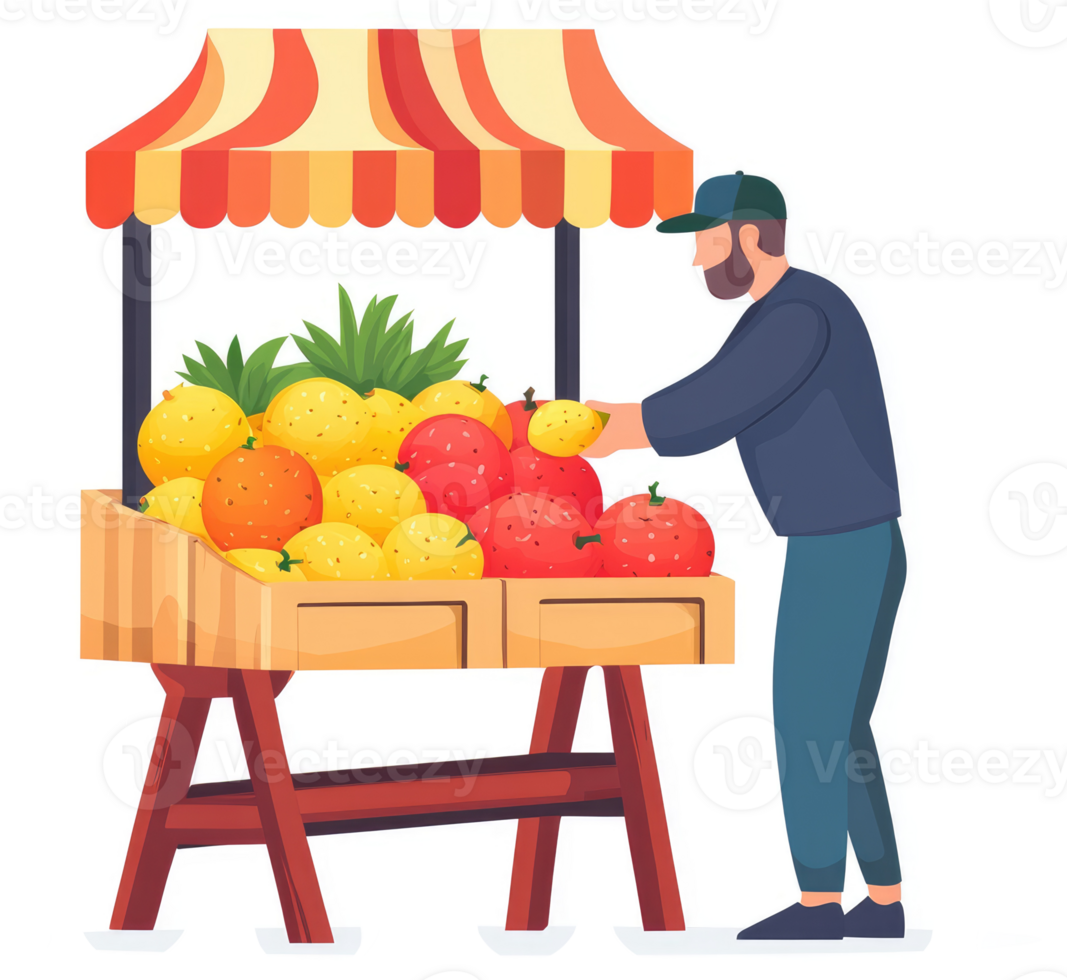 A street vendor displaying a colorful array of fresh fruits under a striped awning. png