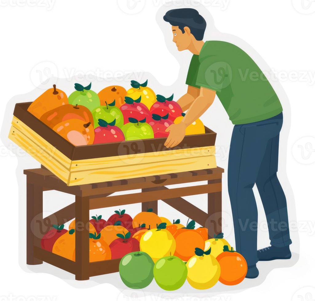 A person stocking a fruit stand with various colorful fruits. png