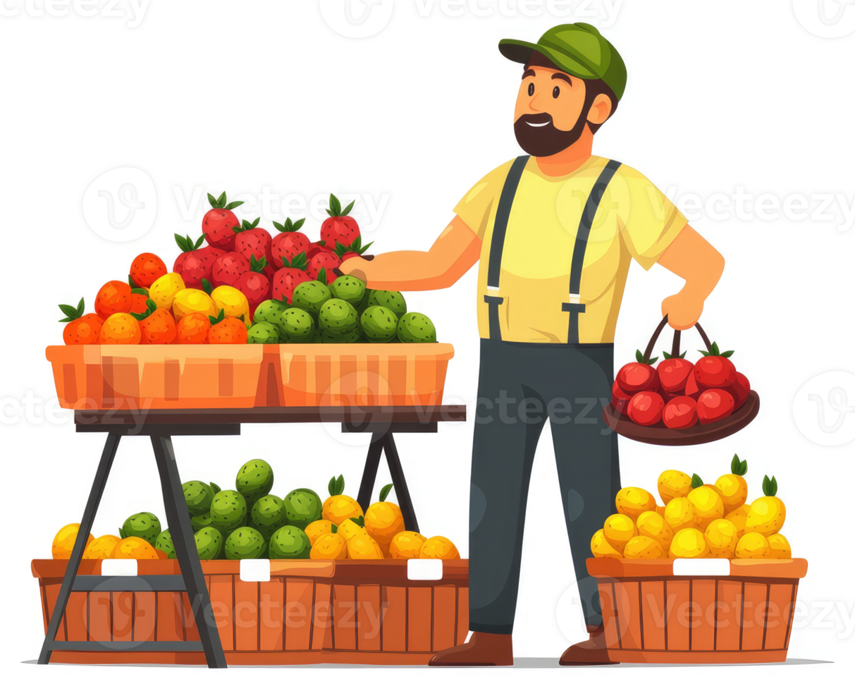 A farmer's market vendor displays a variety of fresh fruits. png