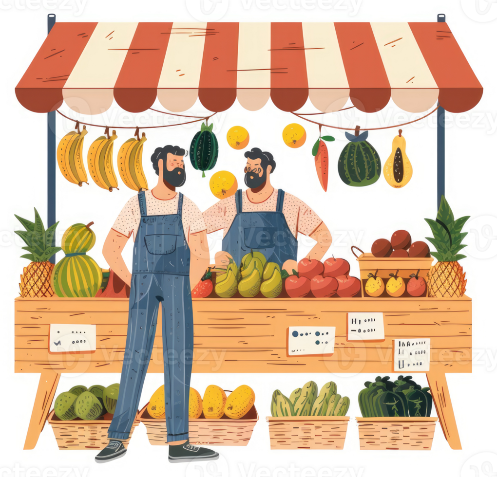 Two farmers selling fresh produce at a market stall. png